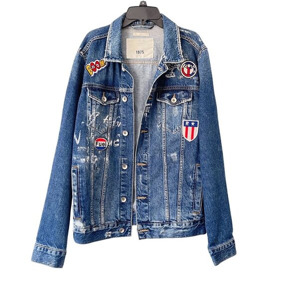 Zara Men 1975 Size L Denim Jacket Patches Distressed Style Button Up Outerwear - Picture 1 of 8